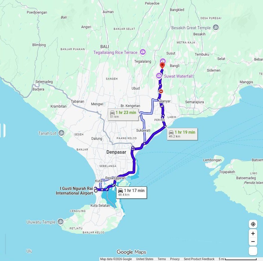 Route from Bali airport to the Bali Fire Dance Retreat