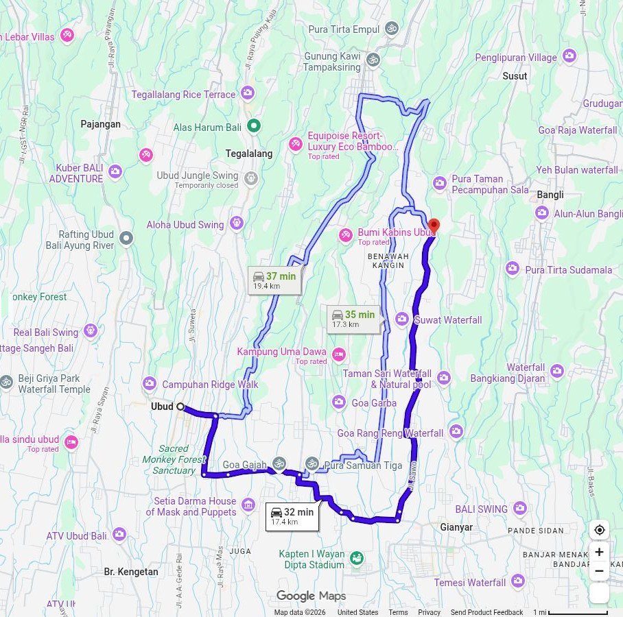Route from Ubud to the Bali Fire Dance Retreat
